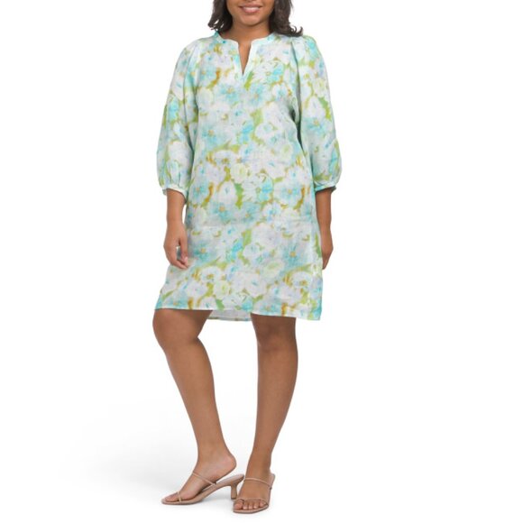 LE RAGAZZE Green/Blue Made In Italy Linen Long Sleeve Floral Mini Dress - Picture 1 of 2